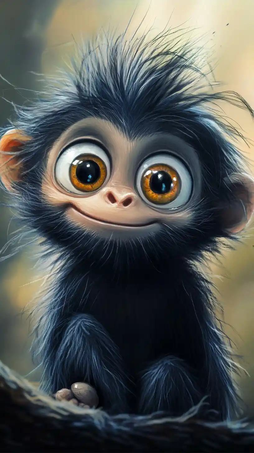 Cute cartoon monkey in a colorful night jungle close up