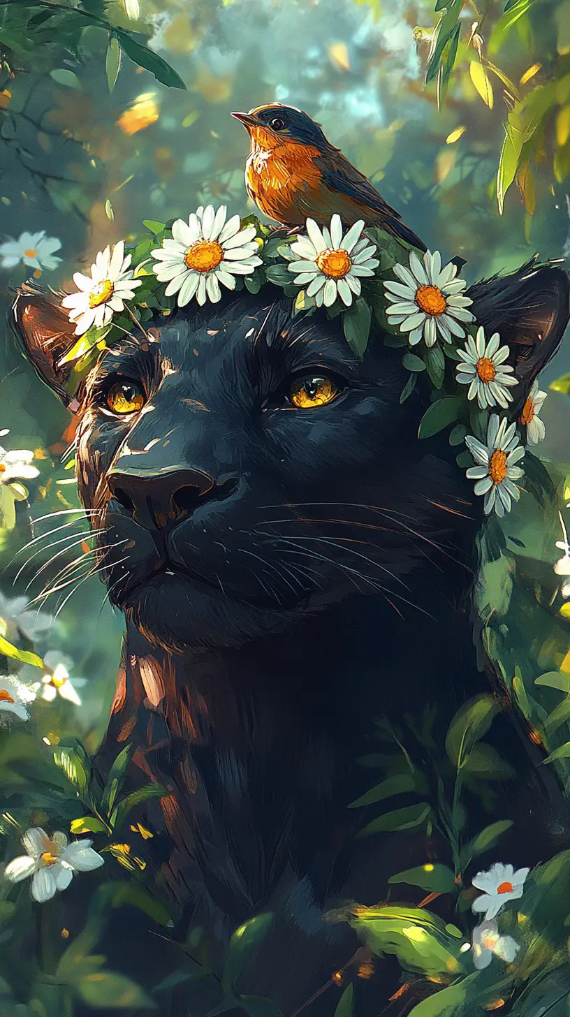 Black panther with daisy wreath in cheerful forest scene