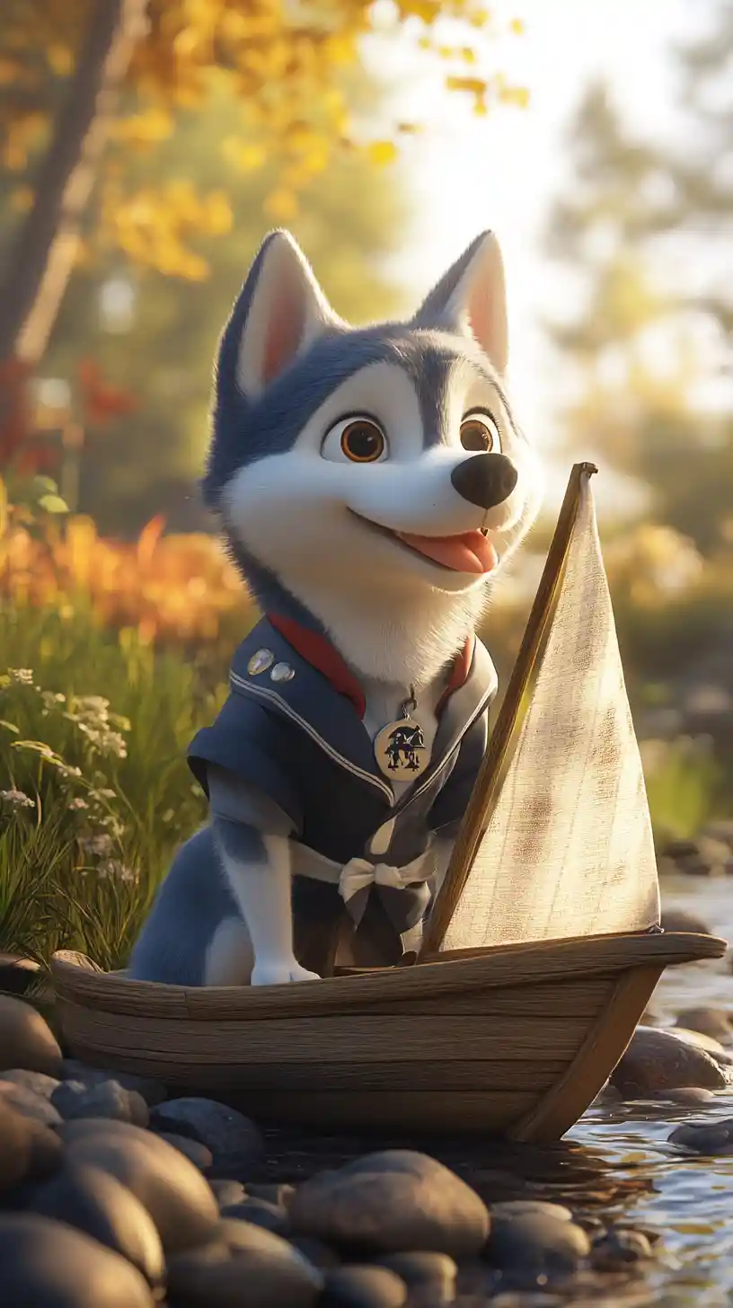 Giovane husky in uniforme da marinaio accanto a un ruscello tranquillo