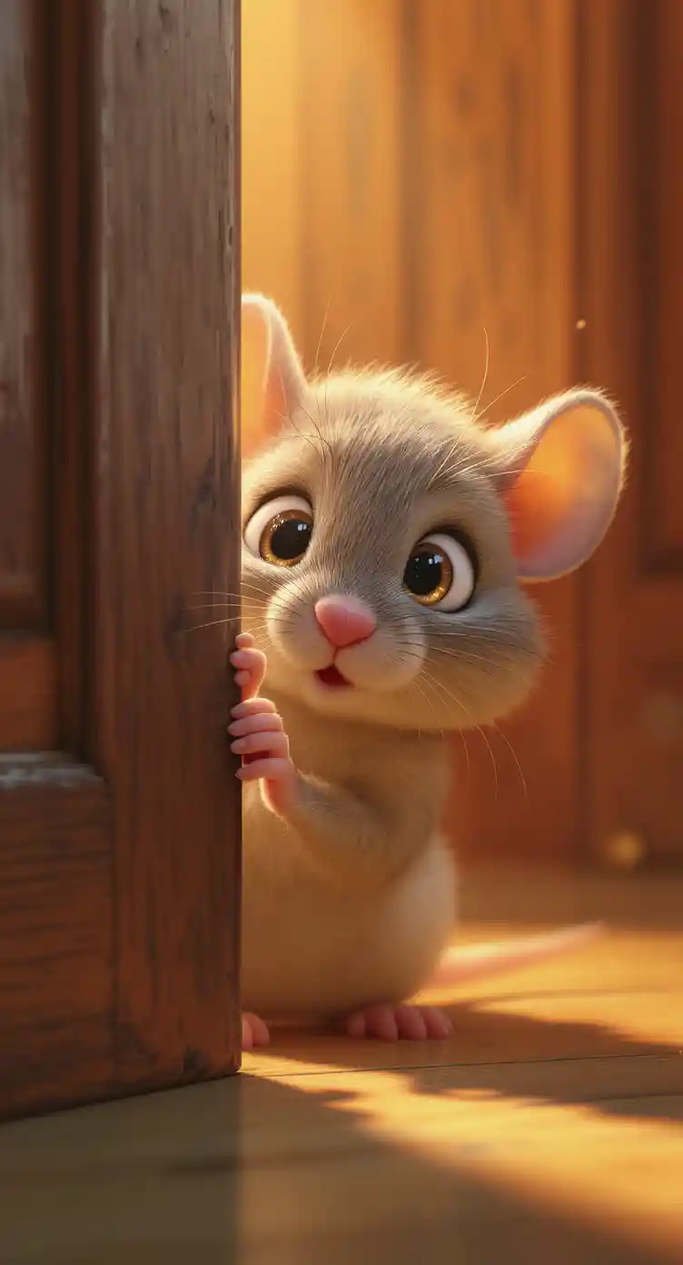 Neugieriges Babymaus schaut durch eine alte Holztür