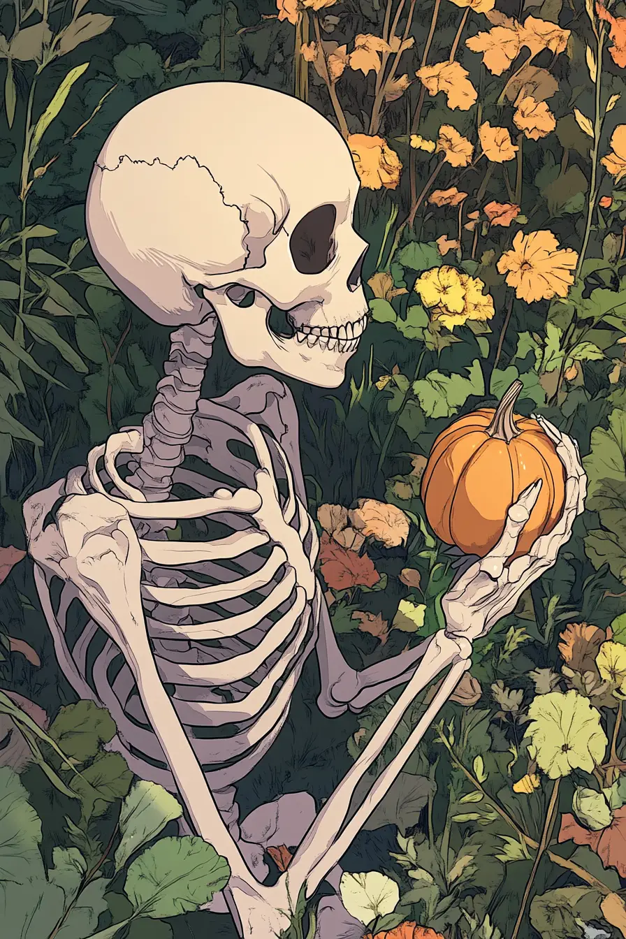 Anime skeleton holding pumpkin in autumn garden illustration