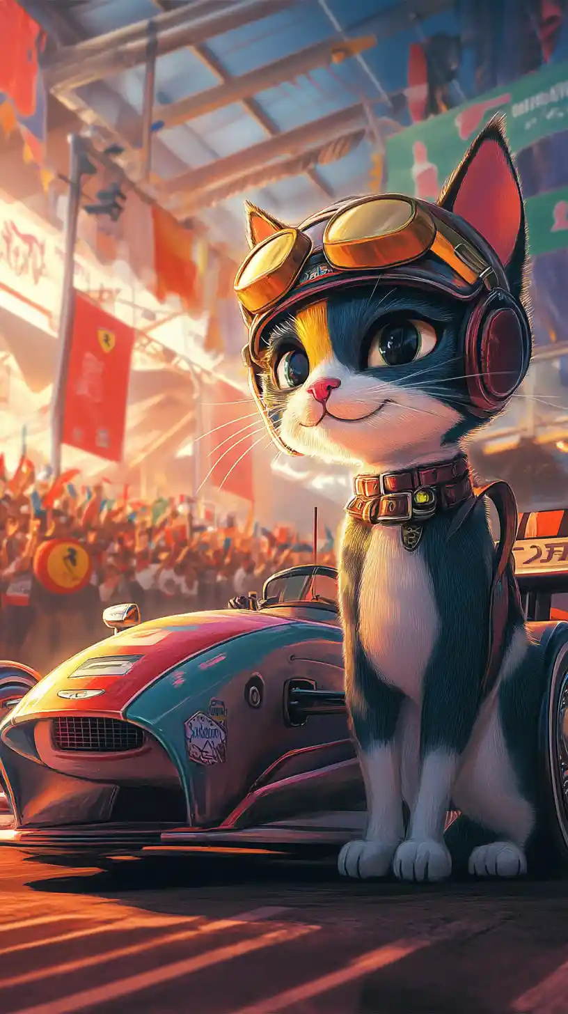 Illustration: Dreifarbige Rennkatze neben buntem Formelwagen
