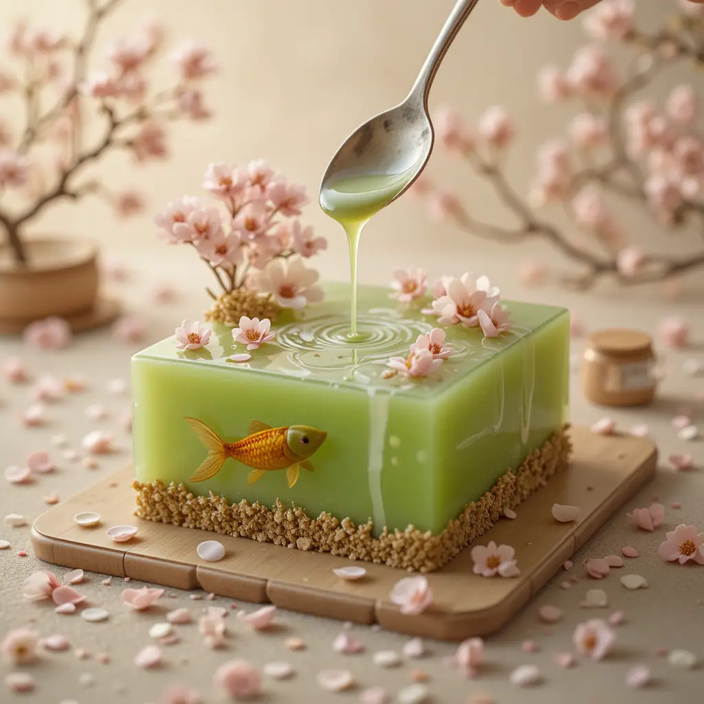 Matcha sponge cake with jelly pond and cherry blossoms