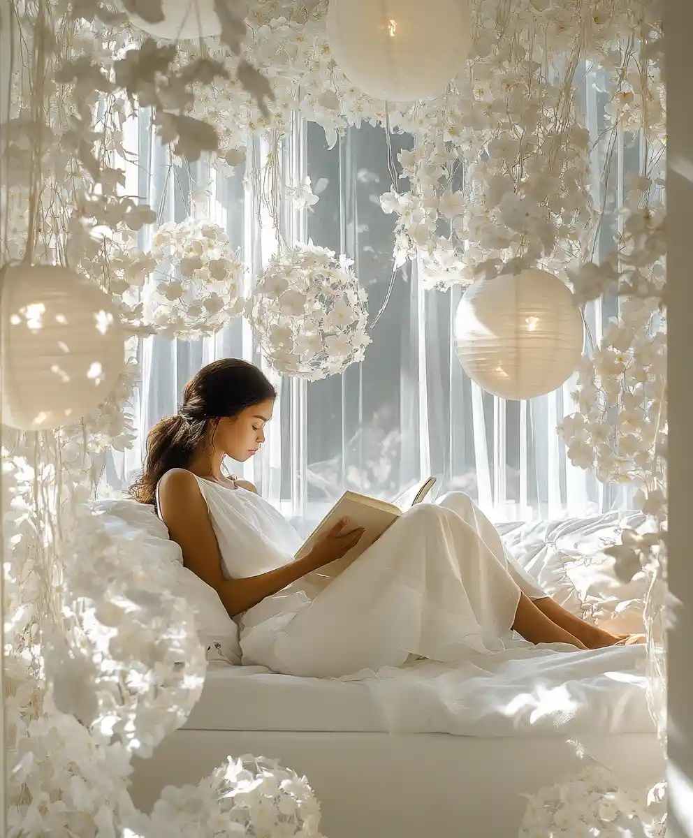 Woman relaxing in a white book nook with floral lights