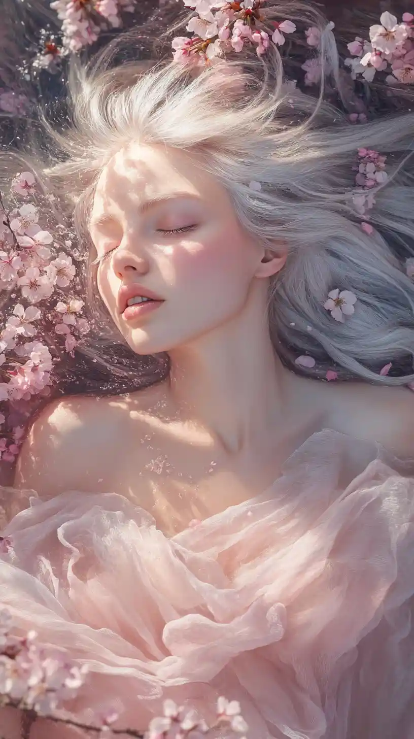 Elegant woman in pale pink gown among cherry blossoms