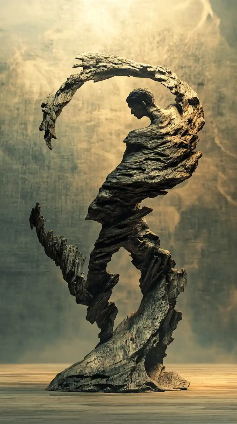 Layered wooden arcs forming an abstract dancer sculpture