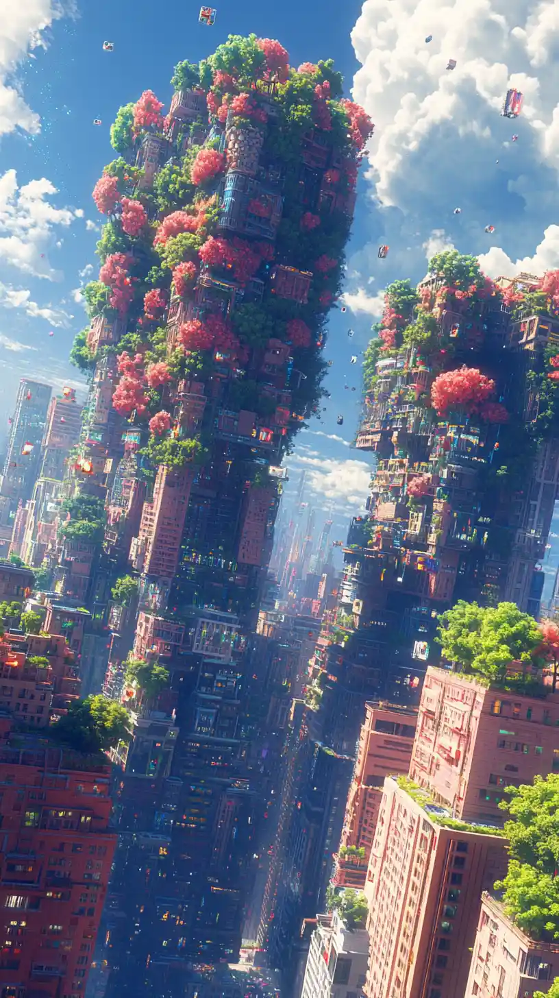 Gigantic pixel bloom plants shading a futuristic city