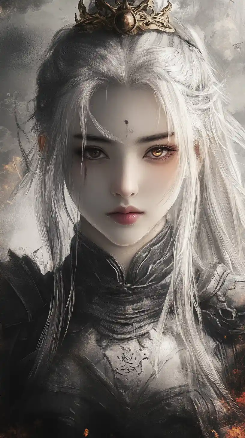 Chinese heroine in tight armor drawn into the dark sky