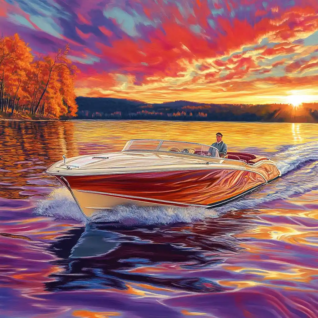 Vintage motorboat cruising on a colorful sunset lake