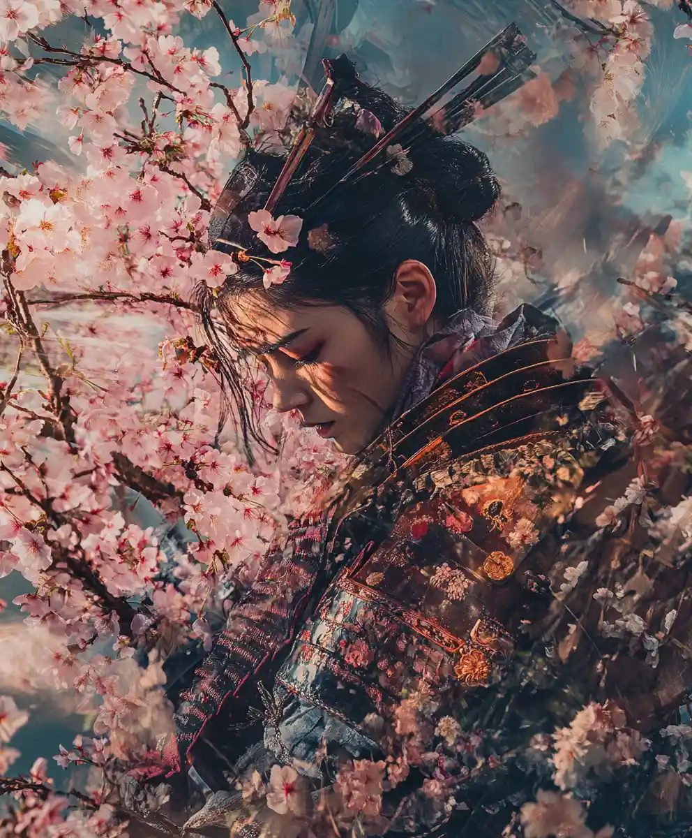 Wounded knight with cherry blossoms and geisha kimono fusion