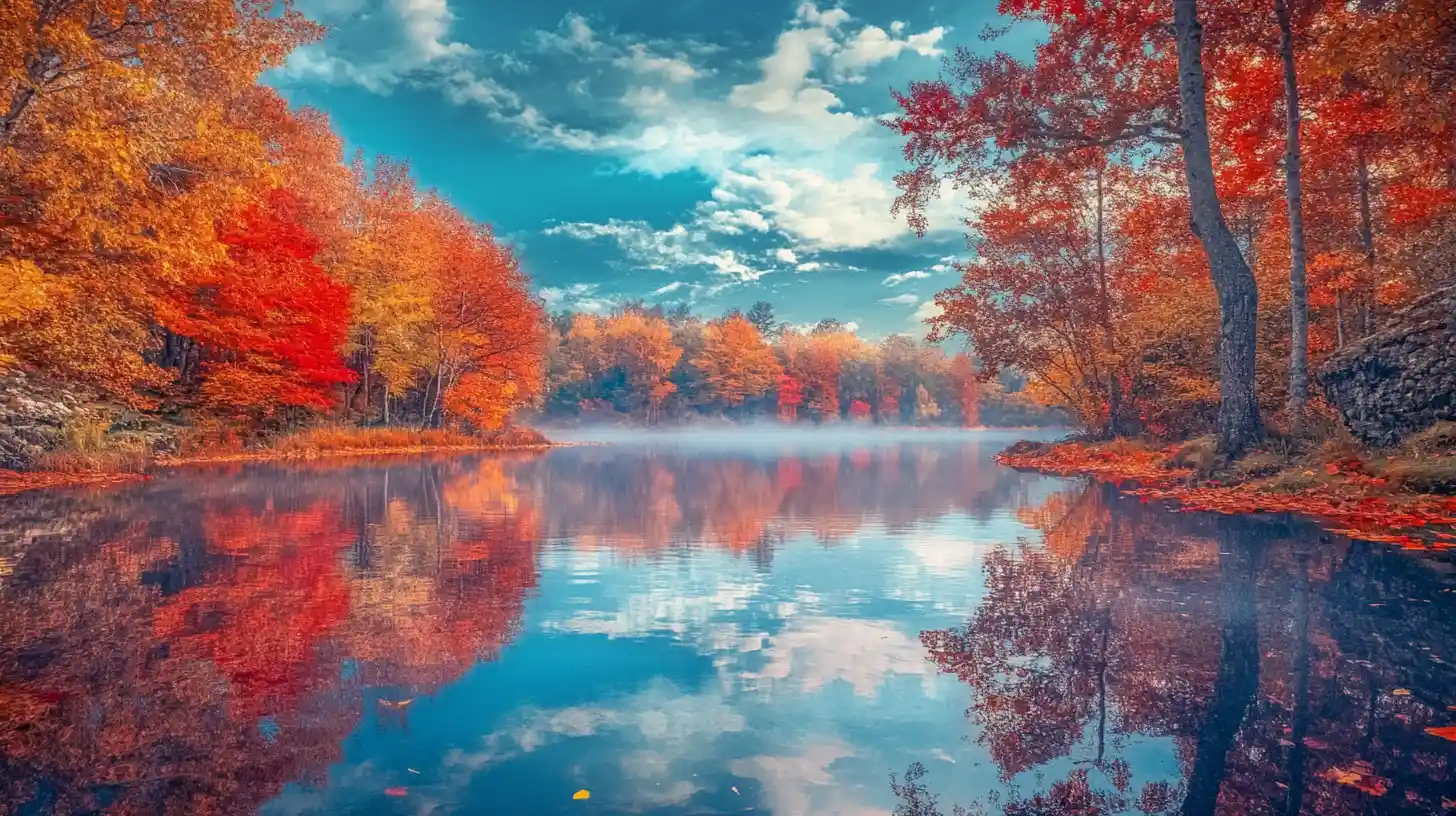 Autumn forest lake with calm reflections at golden hour