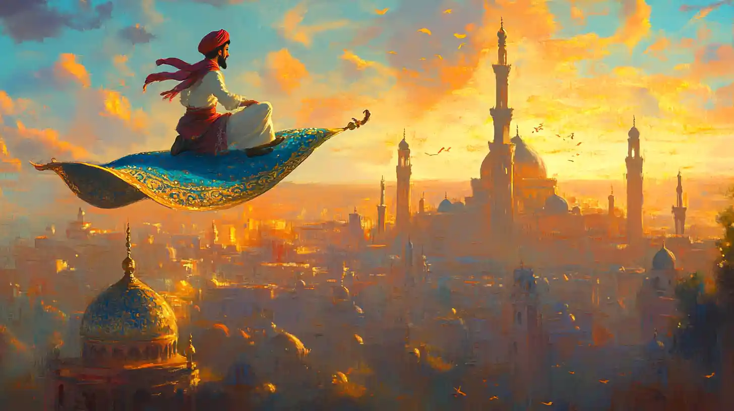 Young man flying on magic carpet over sunset city