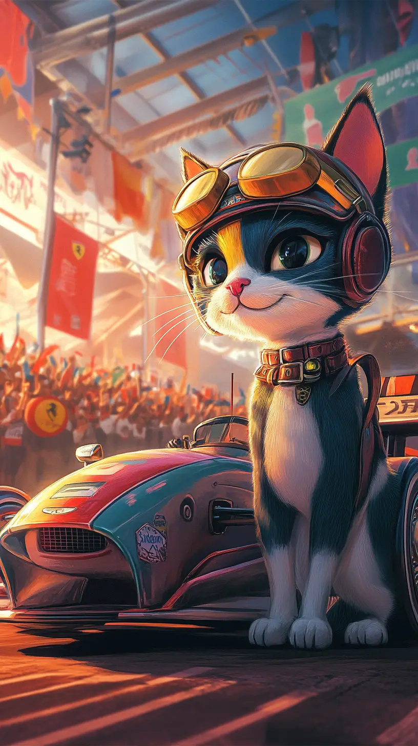 Calico Racing Cat Beside Colorful Formula Car Illustration