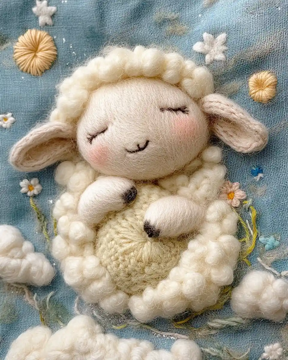 Sleepy felt sheep resting among soft wool clouds