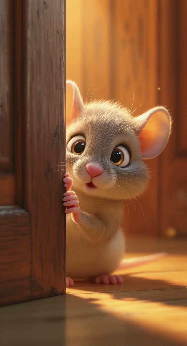 Curious baby mouse peeking through an old wooden door