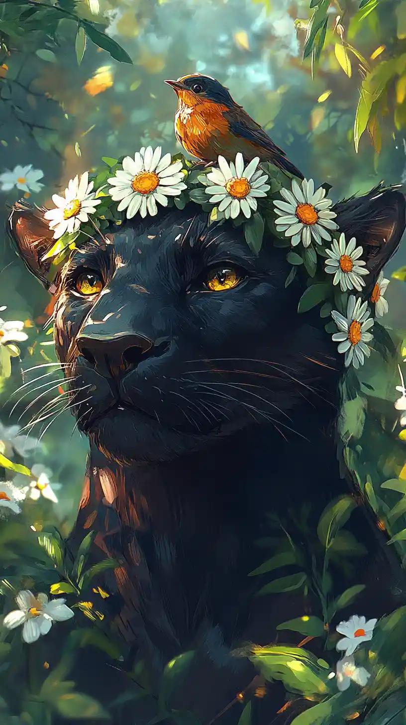 Black panther with daisy wreath in cheerful forest scene