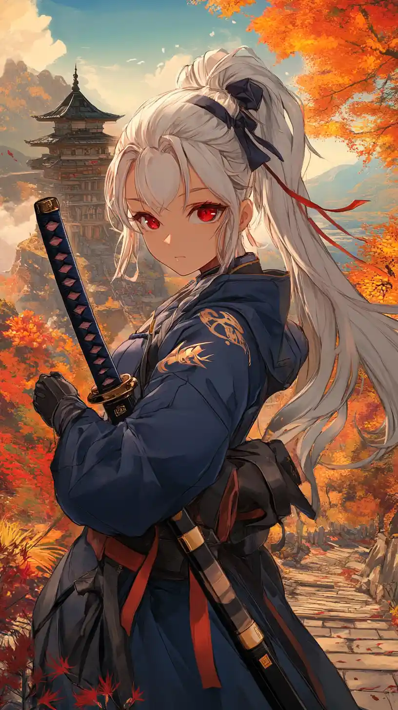 White haired girl with katana before ruined magic tower