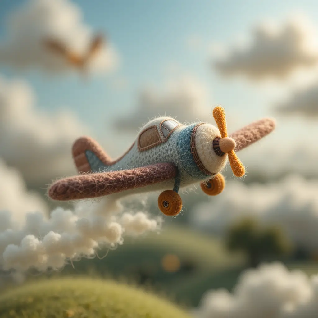 Needle felted wool airplane flying softly through the sky