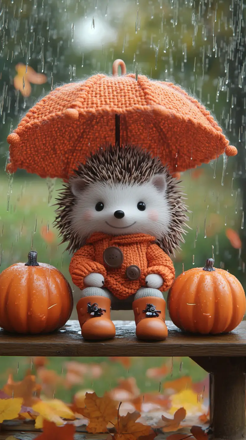 Cute hedgehog on a park bench in autumn rain