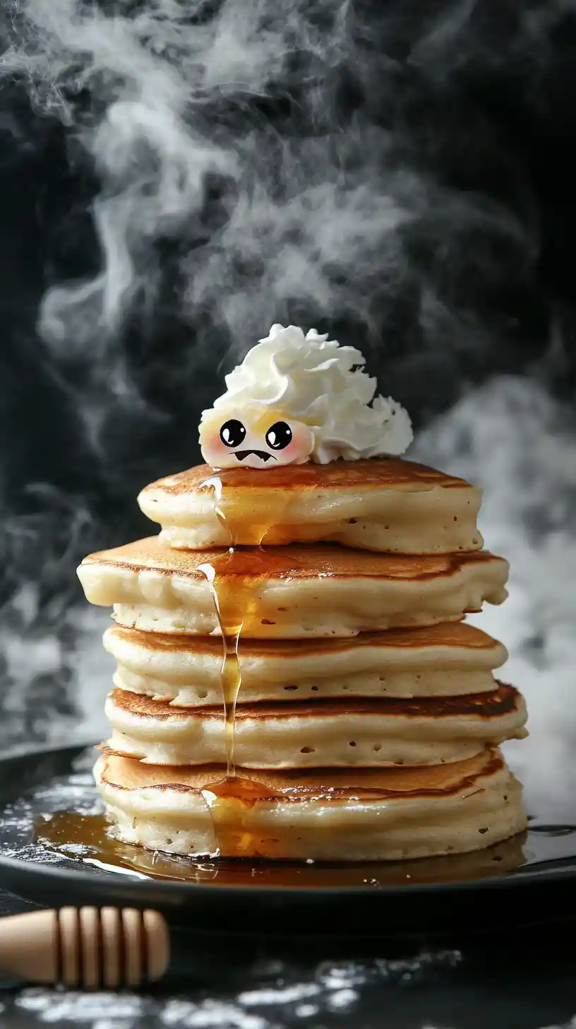 Cartoon pancake stack with honey and cream on plate