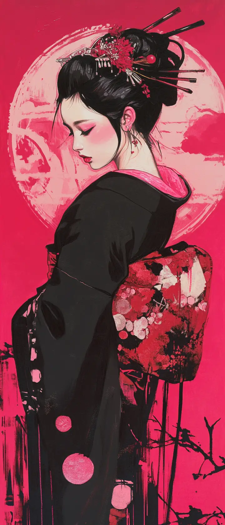 Bold geisha close up in flat vector illustration