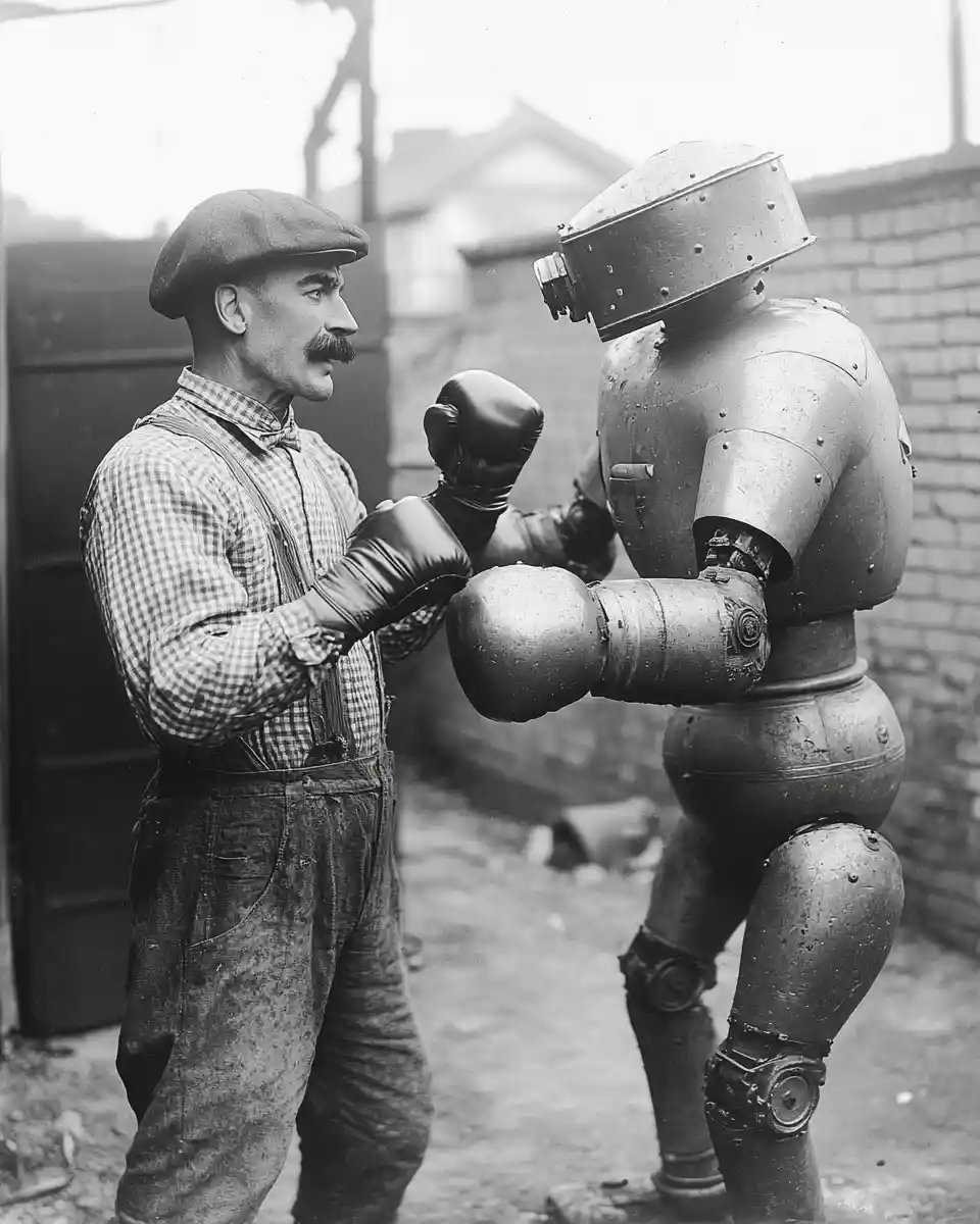 Vintage boxing match between man and robot in backyard