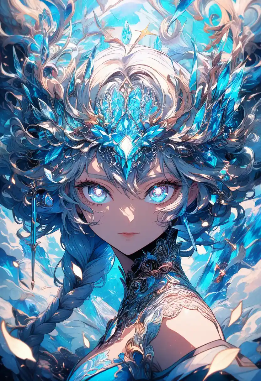 Anime girl close up with turquoise fantasy crystals