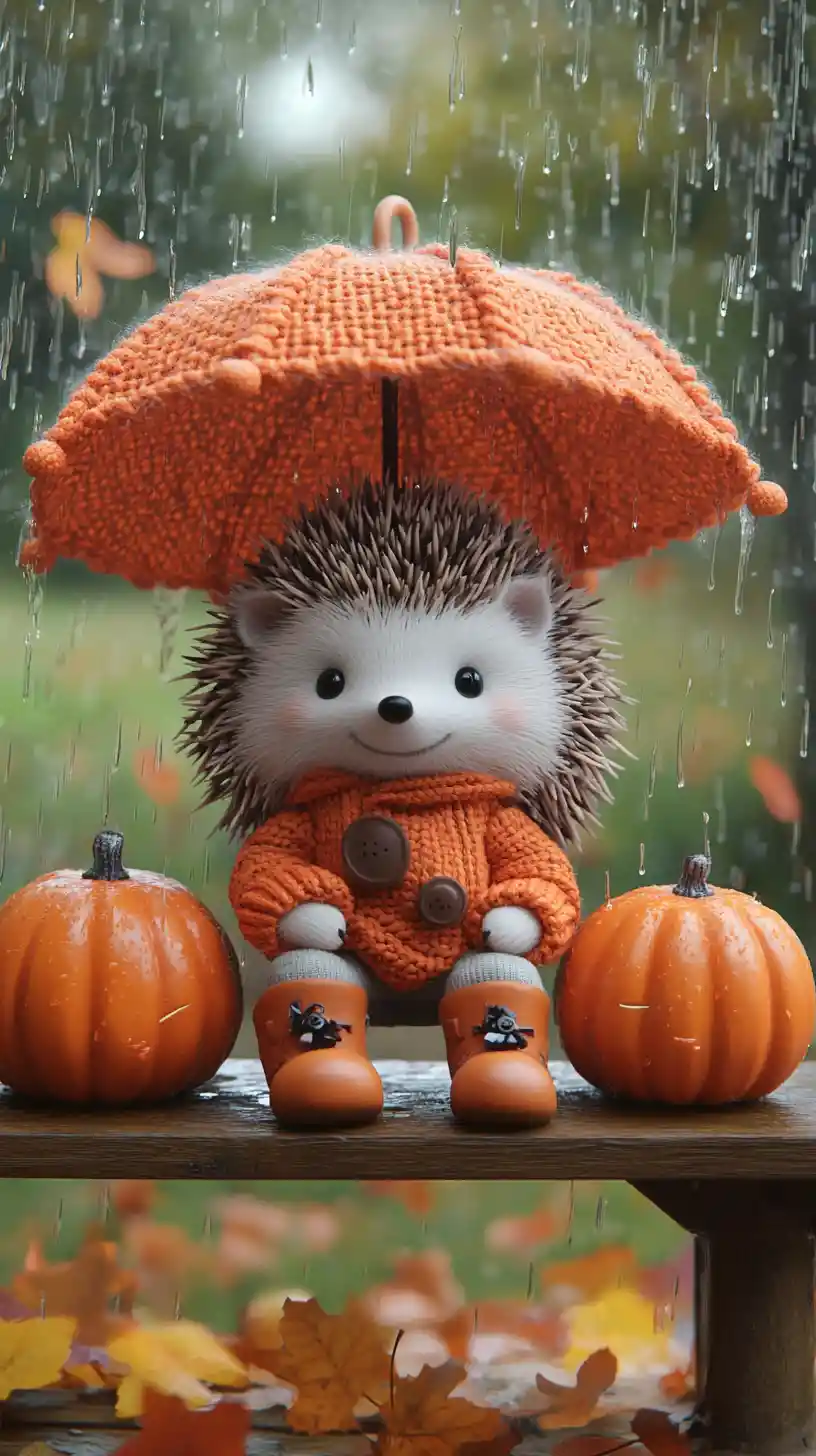 Niedlicher Igel auf einer Parkbank im herbstlichen Regen