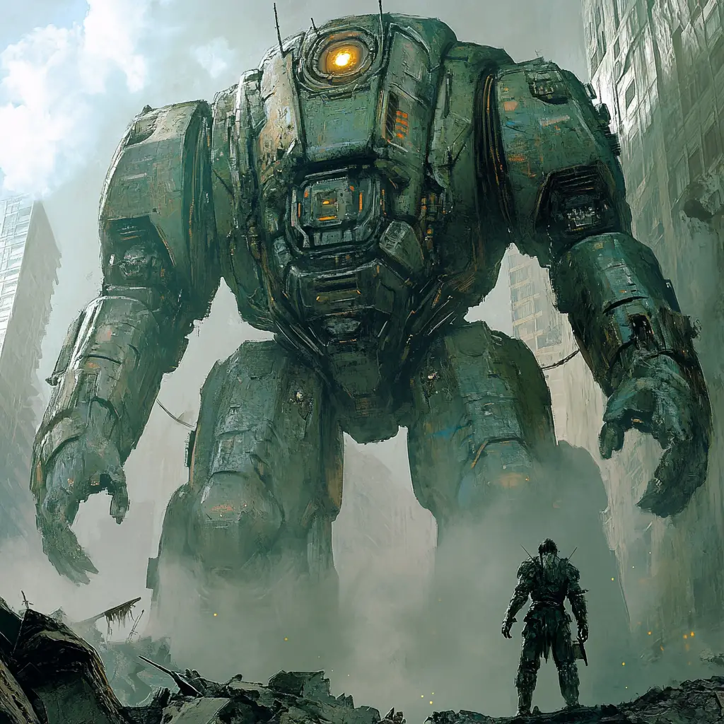 Cybernetic android emerging over a ruined futuristic cityscape
