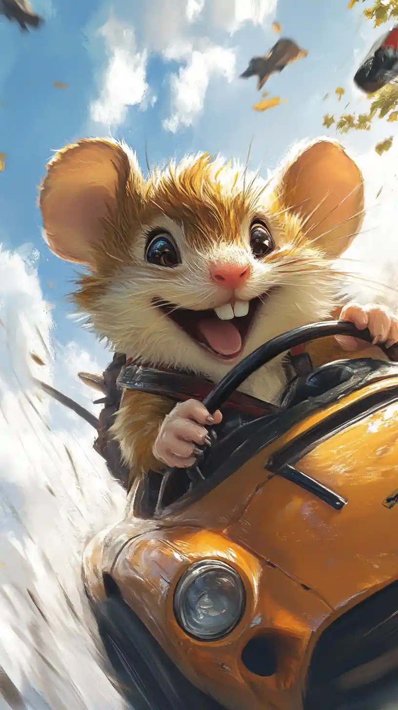 Cheerful mouse racing a tiny sports car on open road