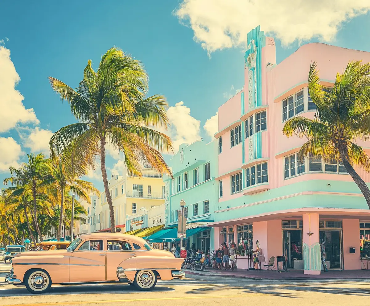 Colorful art deco buildings in miami beach street scene