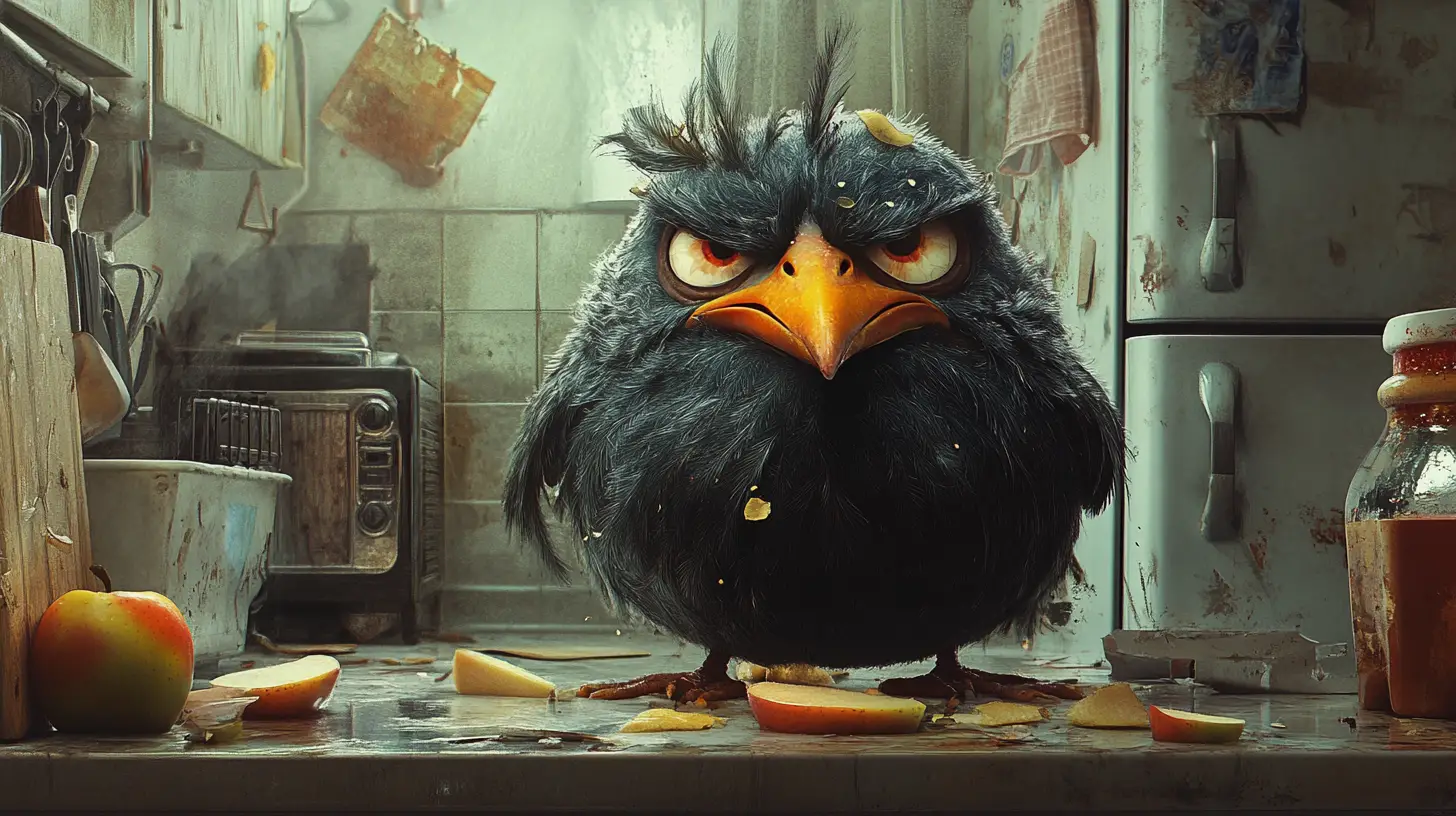Angry cartoon bird caught eating in messy kitchen
