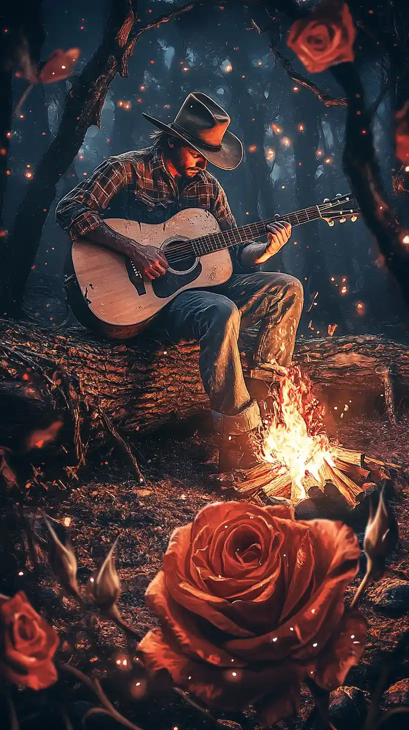 Cowboy spielt Gitarre am Lagerfeuer, von Rose gerahmt