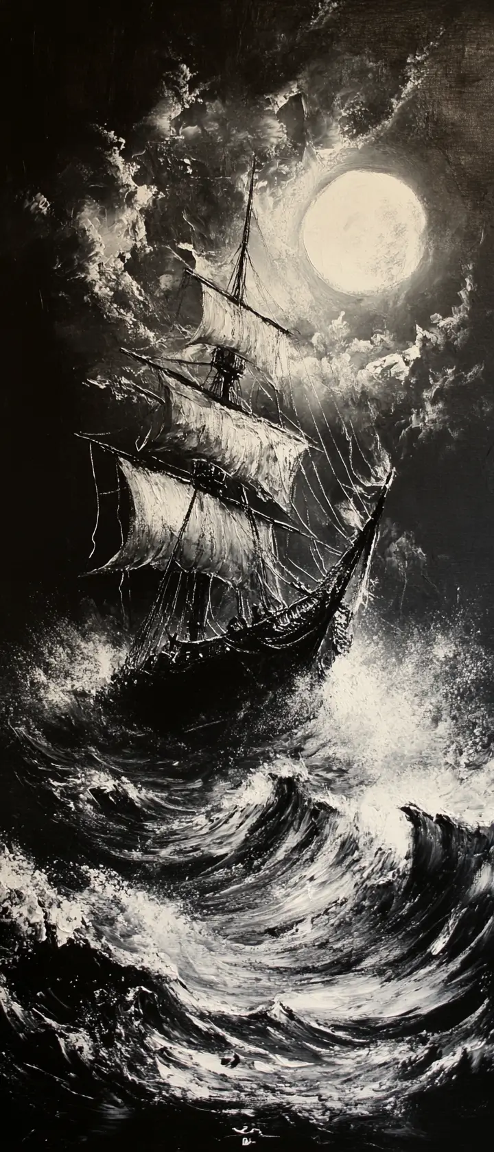 Moonlit Ship Battling Stormy Sea On Black Canvas
