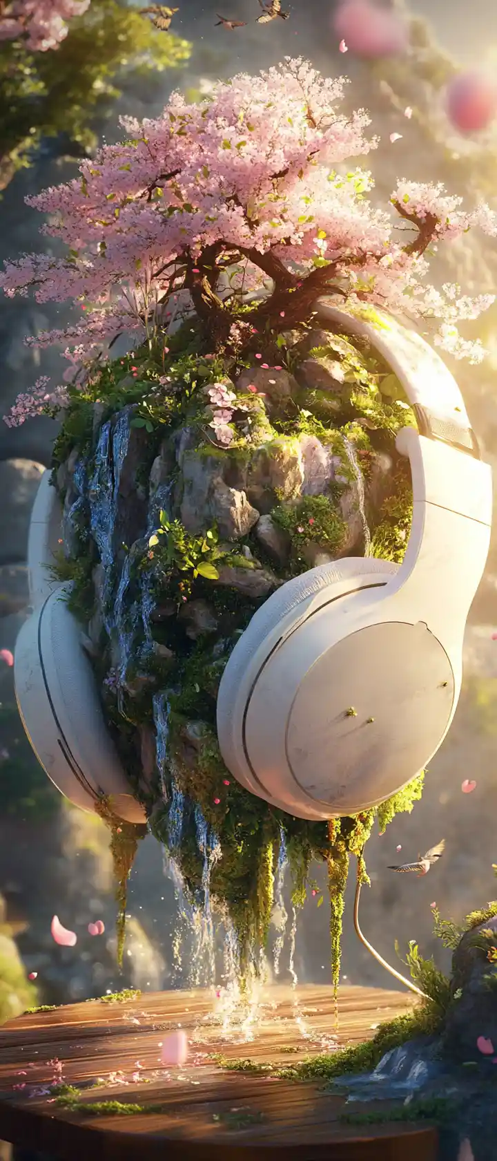 Giant headphone mountain with cherry blossoms at sunset