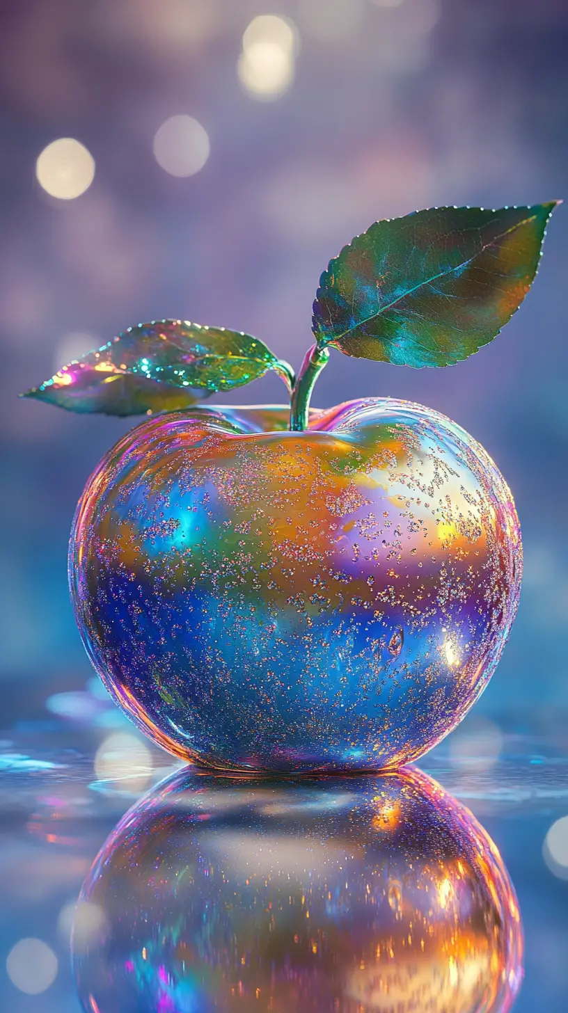 Iridescent glass apple macro on reflective surface