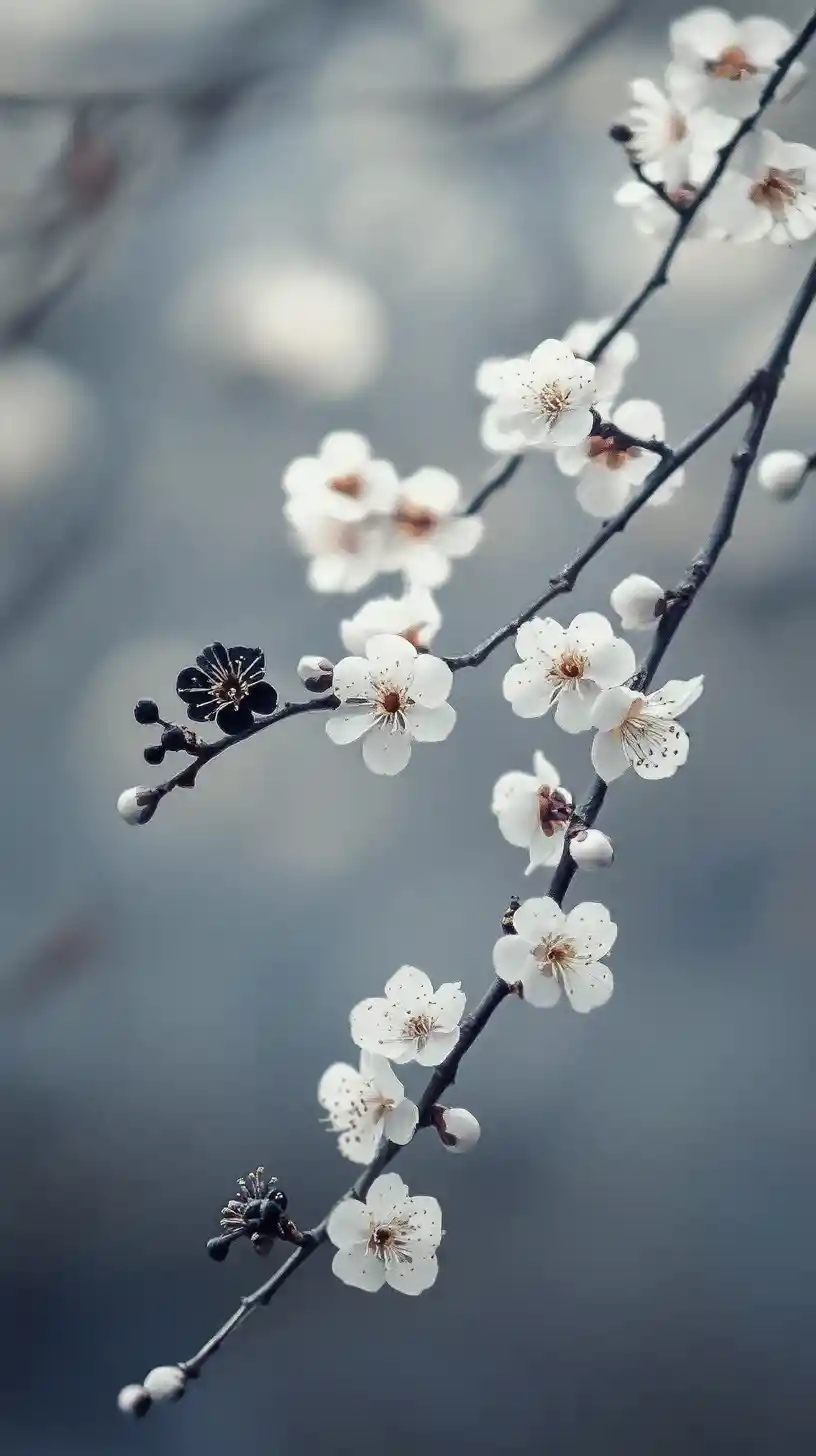 Delicate white flower branch with a single black bloom