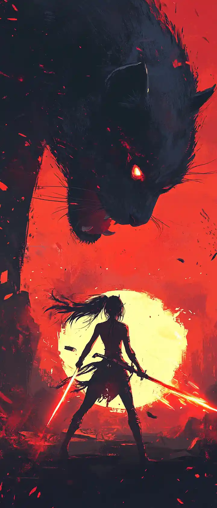 Guerrière d’anime face à une panthère noire au coucher du soleil