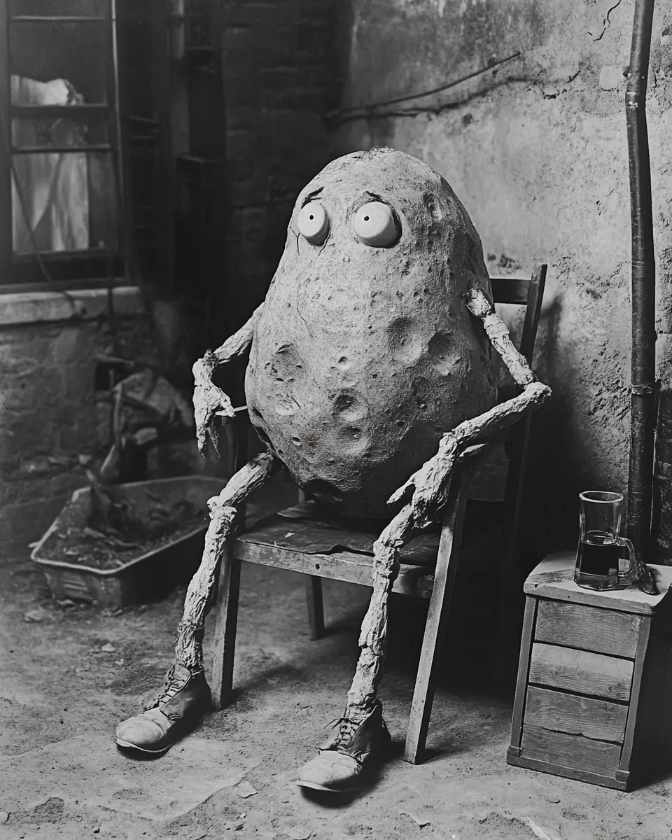 Lonely humanoid potato in a vintage backyard scene