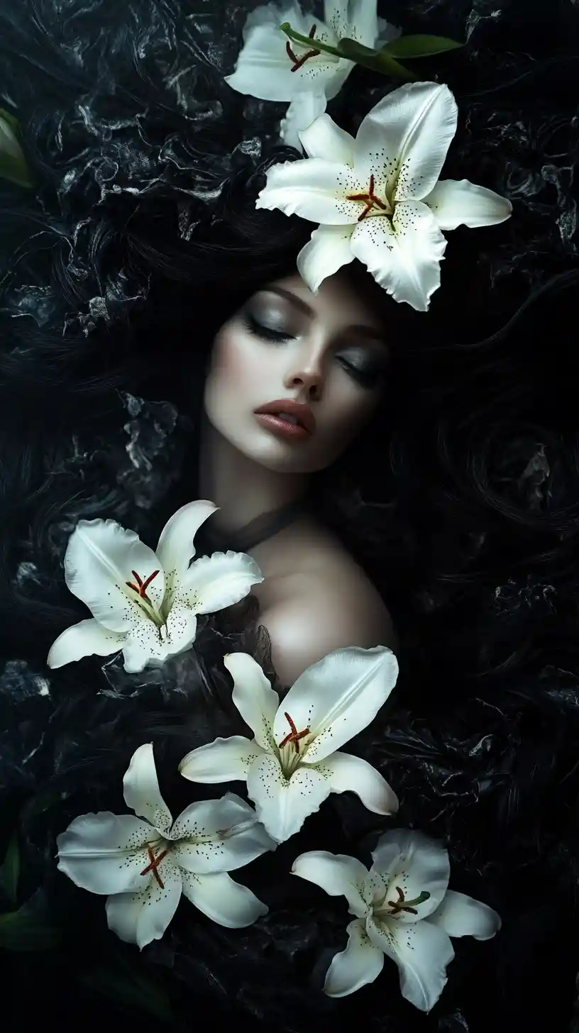 Dark ethereal woman with white lilies in dramatic light