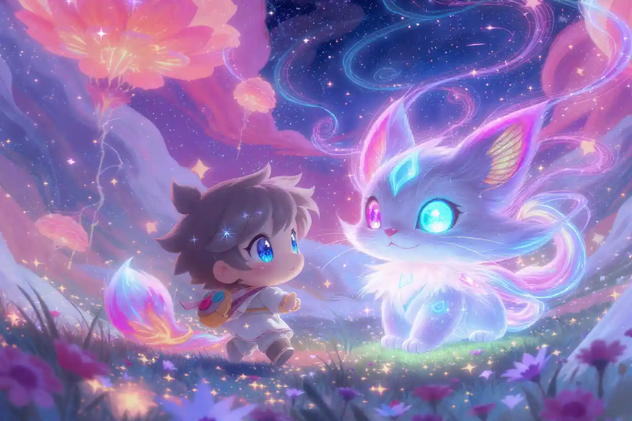 Chibi hero with glowing fox in a dreamy fantasy world