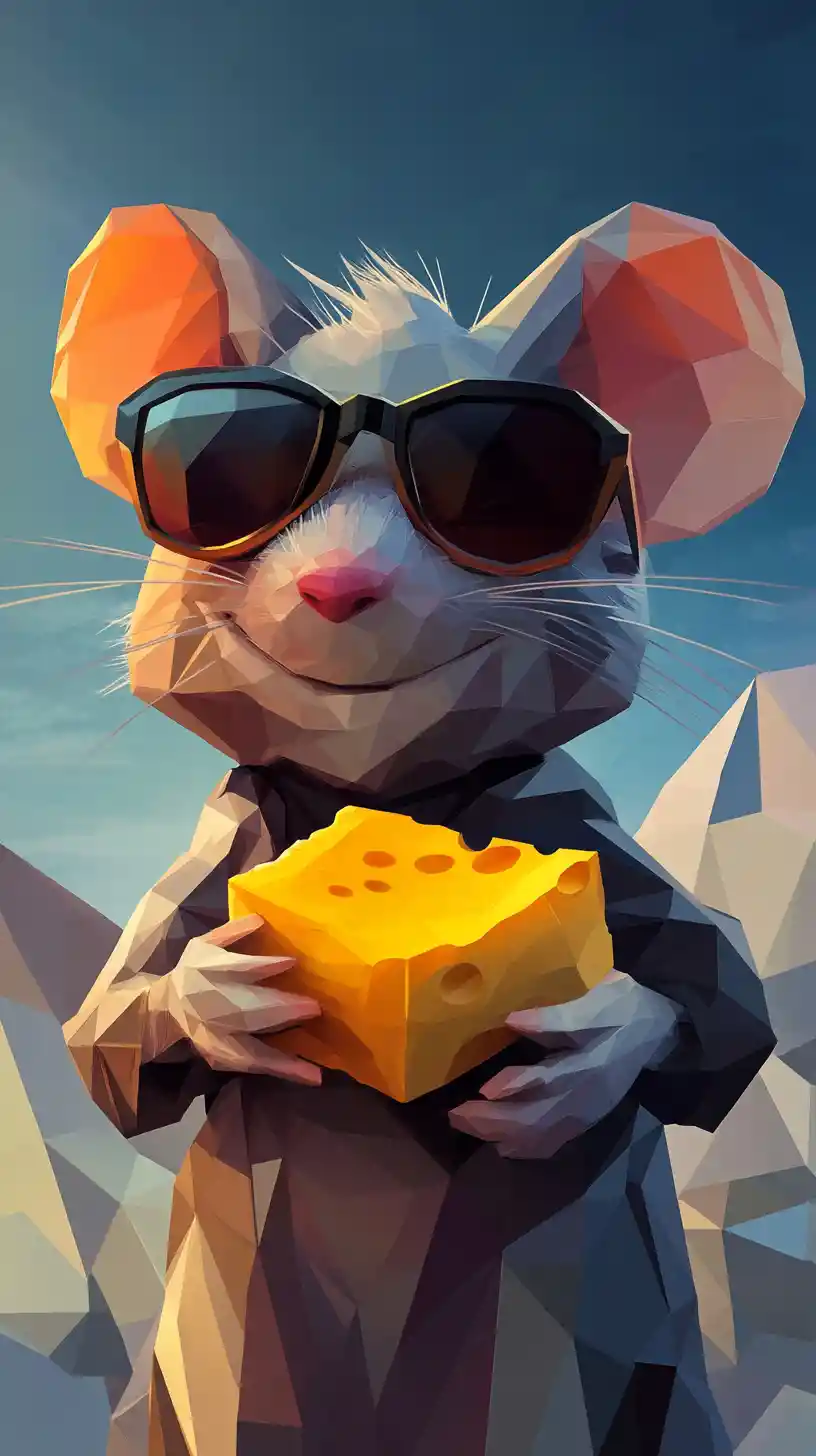 Polygonal mouse with sunglasses holding cheese in cinematic style