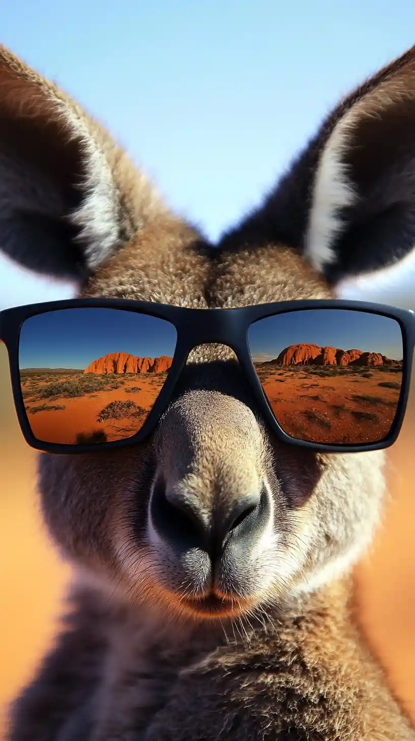 Kangaroo face in sunglasses with red desert reflection