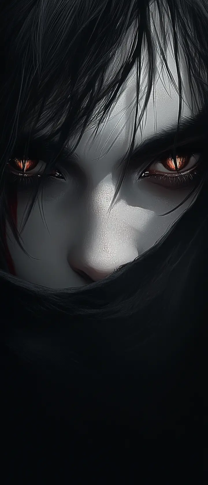 Anime vampire portrait with glowing eyes and sly half smile