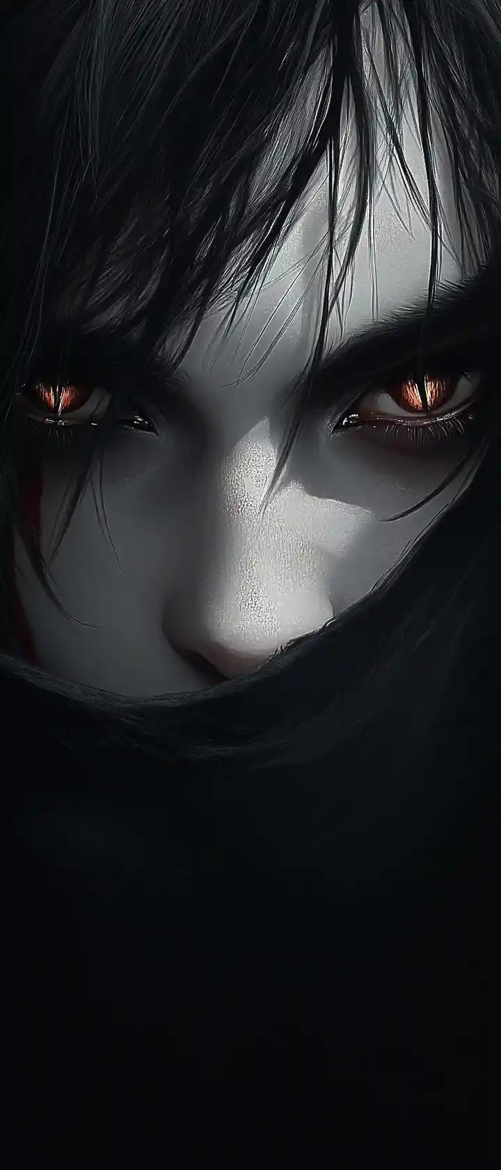 Anime vampire portrait with glowing eyes and sly half smile