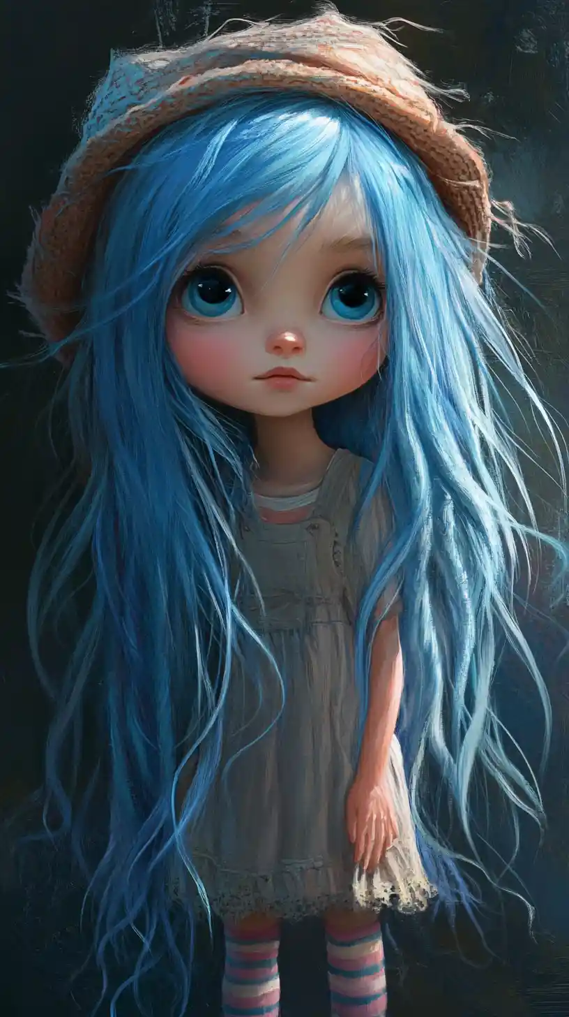 Fantasy girl with blue hair and cute cartoon style