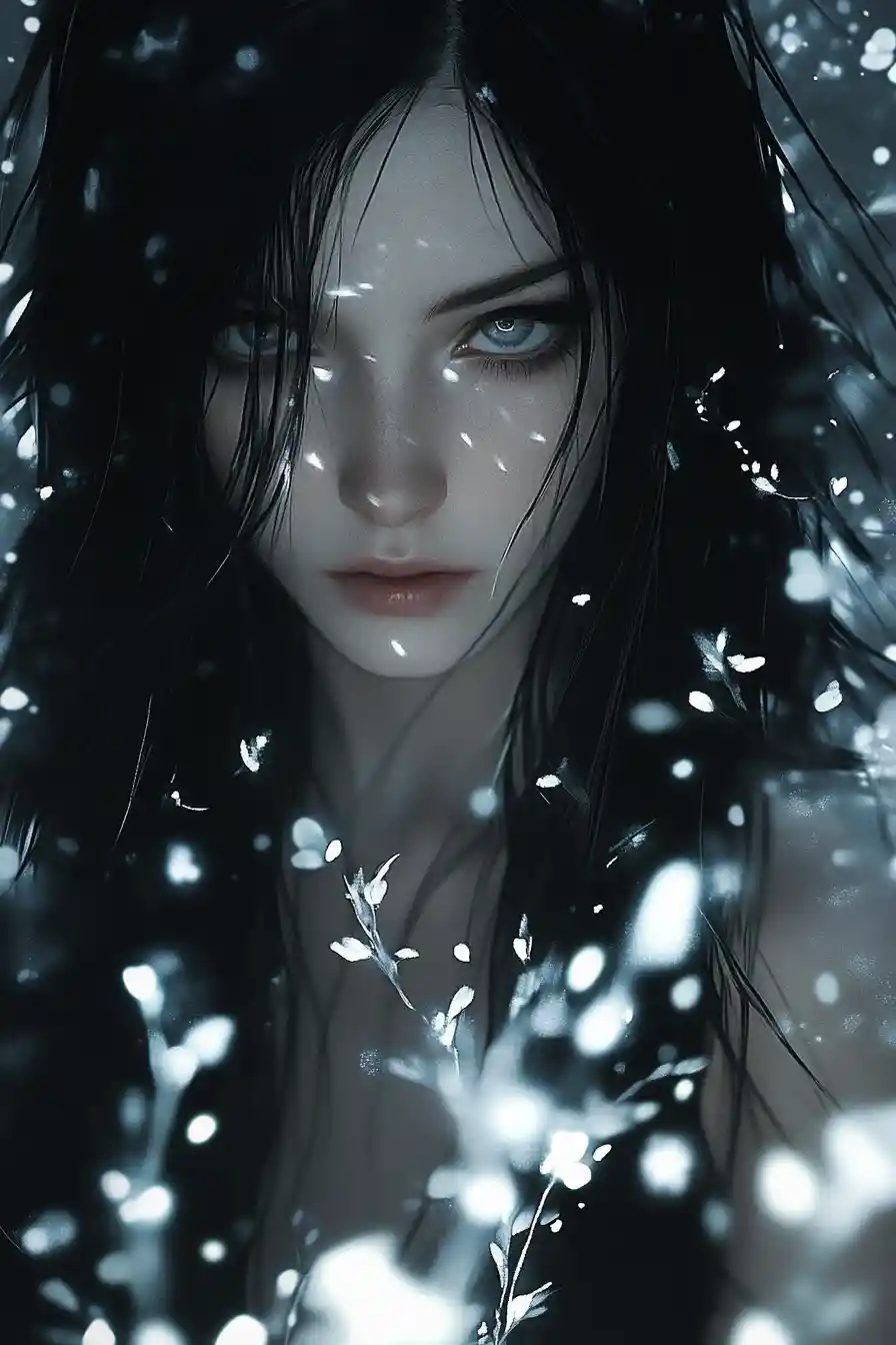 Melancholic anime girl portrait in black and grey tones