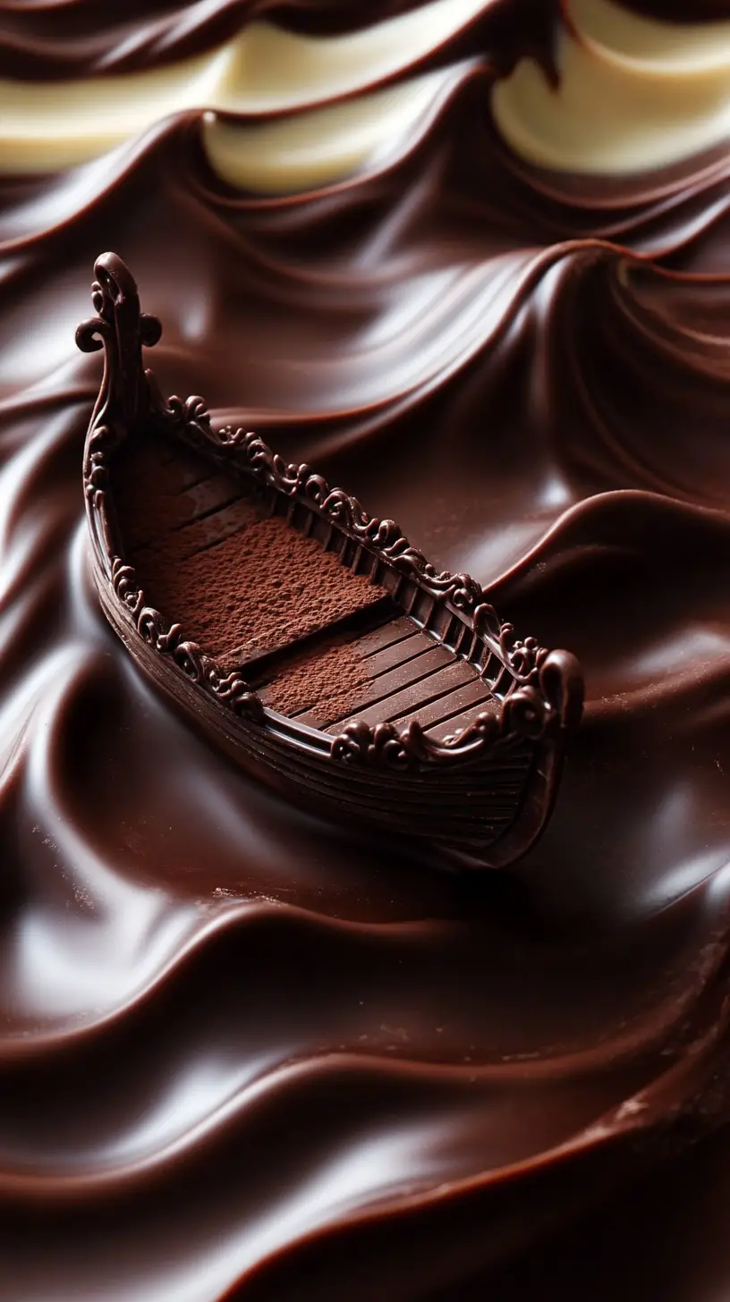 Ornate wooden boat sailing on molten chocolate waves