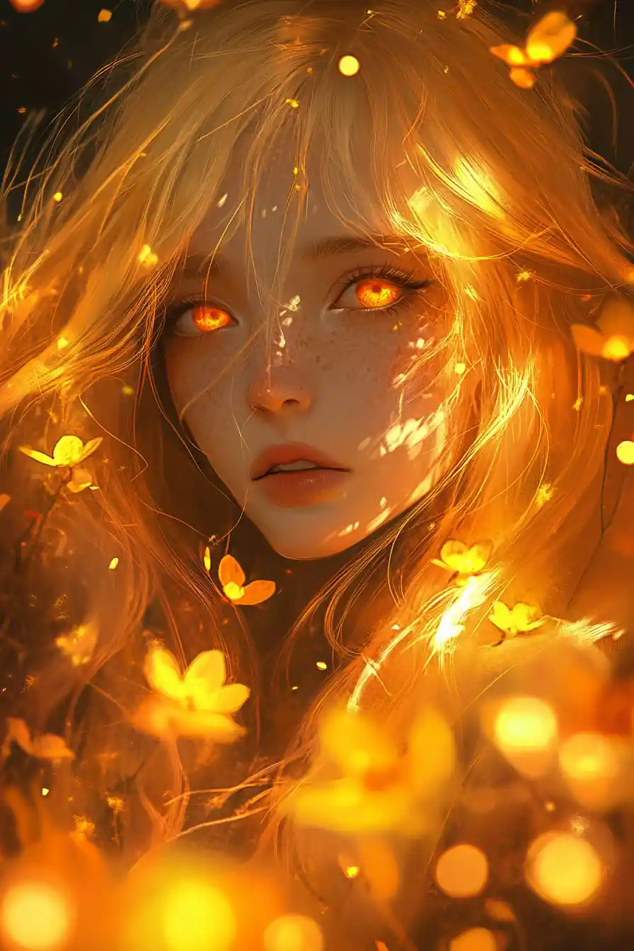 Anime girl portrait in glowing orange and yellow light
