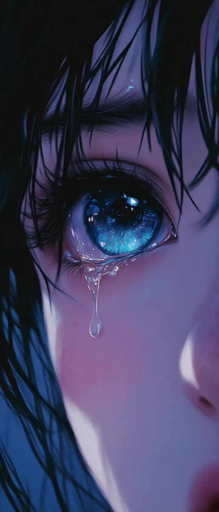 Anime girl waking with tears between dream and reality